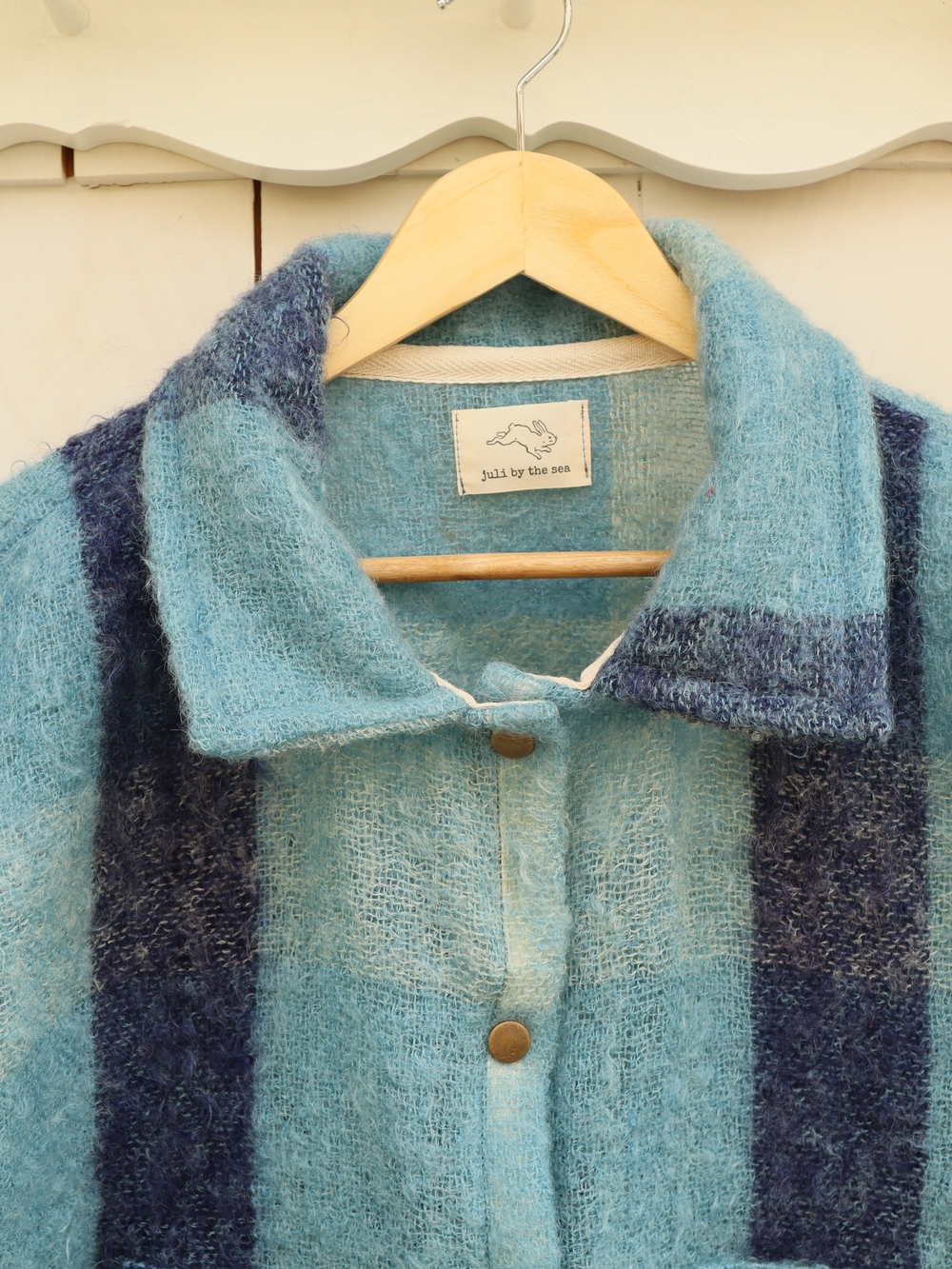 Upcycled Mohair Blanket Jacket Hudson's Bay Company Plaid Blue Wool M • L - Picture 6 of 8